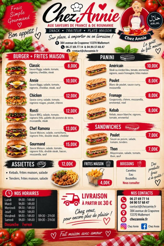 chez annie carte burger sandwich
