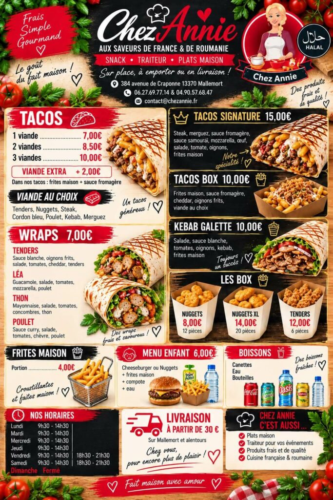 chez annie carte tacos kebab