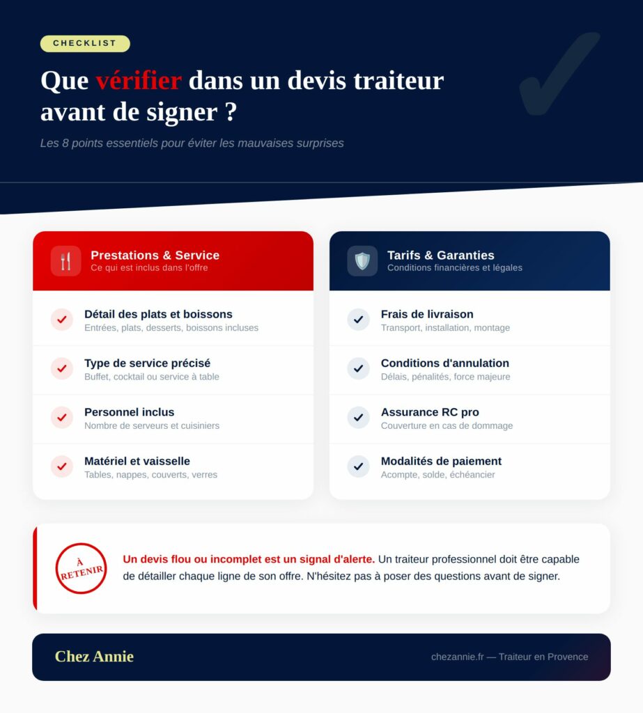 Checklist des 8 éléments à vérifier dans un devis traiteur avant de signer - Chez Annie traiteur en Provence