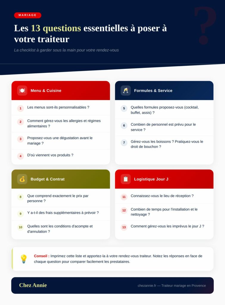 Checklist des 13 questions essentielles à poser à son traiteur de mariage classées par thème - Chez Annie traiteur Provence
