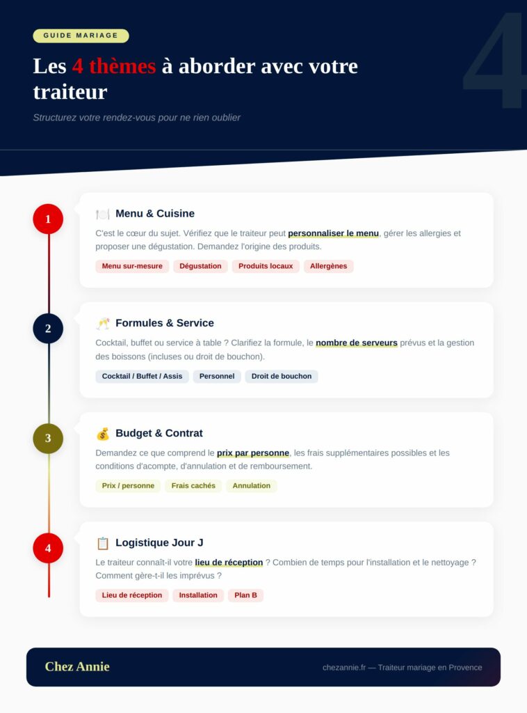 Infographie des 4 thèmes à aborder lors du rendez-vous avec son traiteur de mariage - Chez Annie Mallemort