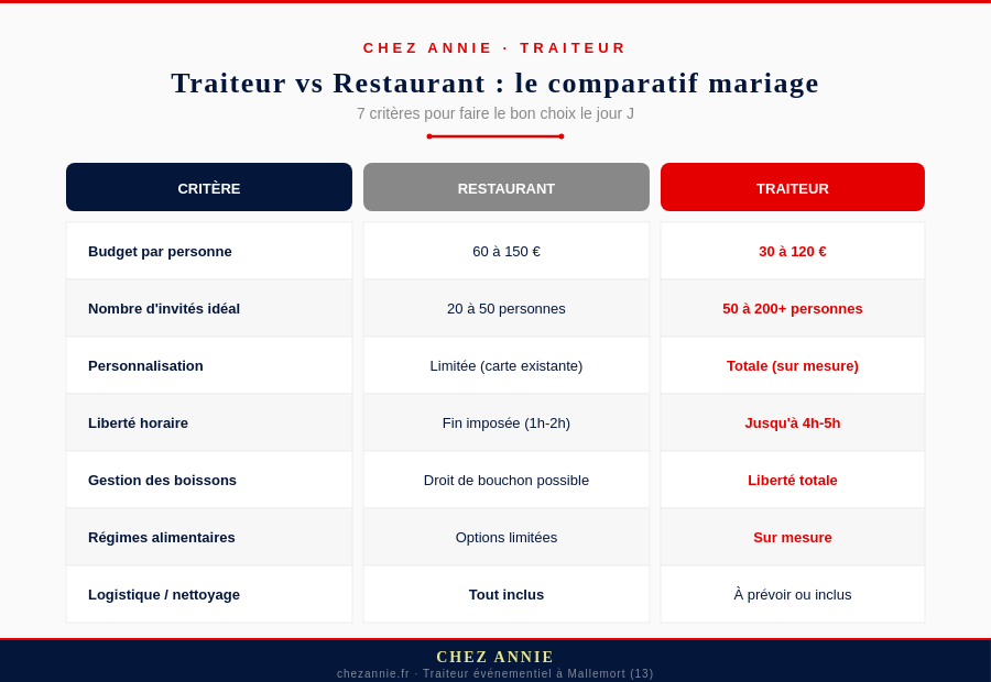 Les différents points de comparaison entre un traiteur et un restaurant pour un mariage