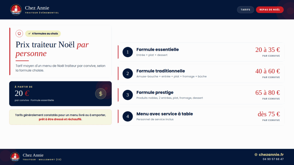 Prix d'un traiteur pour un repas de Noël par personne selon la formule : essentielle, traditionnelle, prestige ou avec service à table