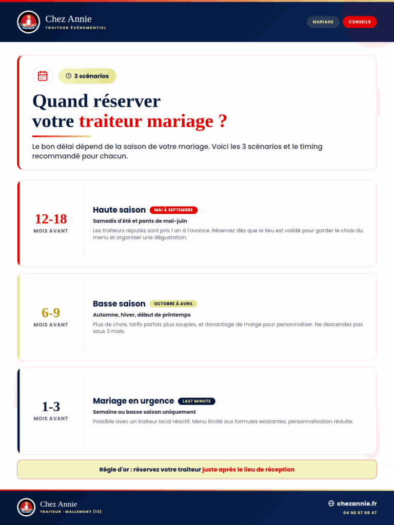 Quand réserver votre traiteur mariage ? Selon Chez Annie, traiteur en Provence.